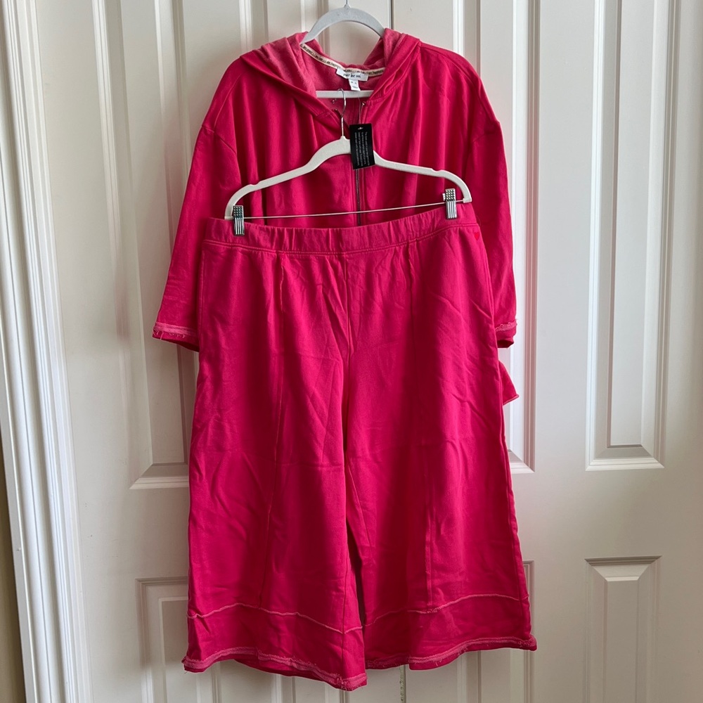 Peace Love World Vibrant Pink Hoodie and Cropped Pants Set